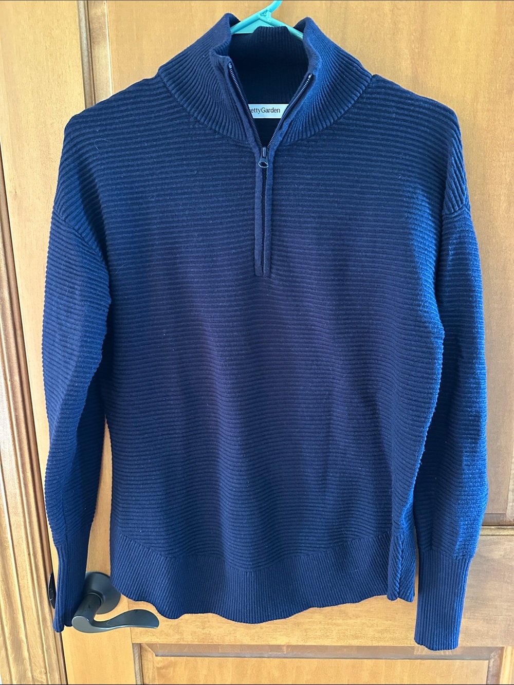 PRETTYGARDEN Women’s Navy Blue Quarter-Zip Ribbed Knit Pullover Sweater - Small